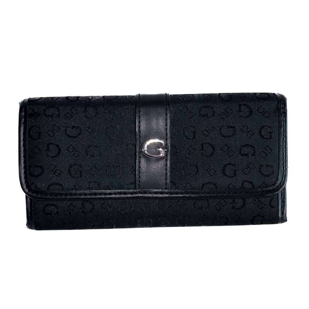 Guess Wallet Trifold Clutch Slim Snap Closure All over Logo Faux Leather Details